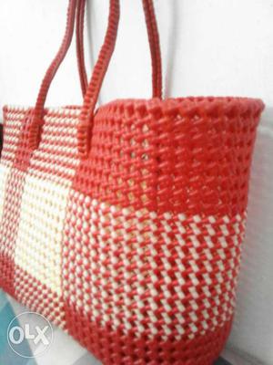 Red And White Crochet Tote Bag \