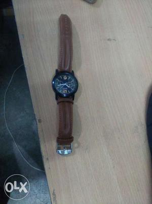Round Black Chronograph Watch With Brown Leather Band