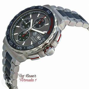 Silver And Black Round Tag Heuer Chronograph Watch