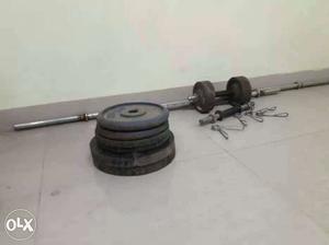 Silver Barbell Bar With Dumbbell And Plates&bench