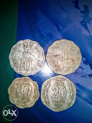 Three 10 Indian Paise Coins And 20 Indian Paise Coin