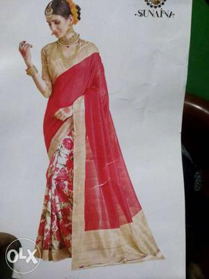 Women's Beige And Red Sari