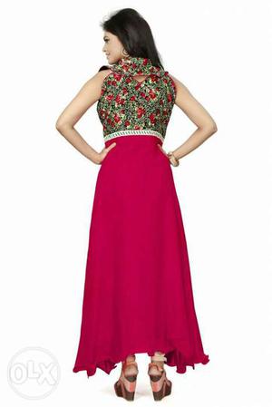 Women's Pink, Black And Red Floral Print V-neck Dress