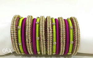 Brown, Green, And Purple Silk Thread Bracelets