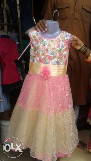 Girl's Pink, Beige, Green And Blue Floral Sleeveless Dress