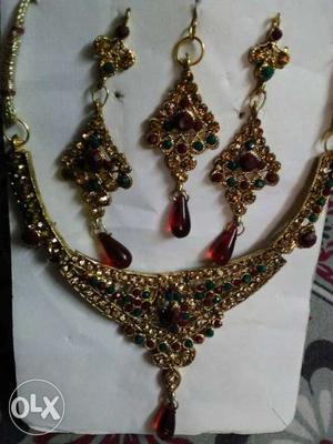 Gold Emerald And Ruby Encrusted Collar Necklace And Pair Of