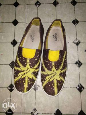 Pair Of Brown-and-yellow Slip On