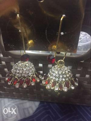 Pair Of Women's Silver-and-red Gemstone Dangling Earrings
