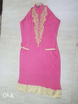 Pink And Beige Scoop Neckline Long Sleeve Foliage Dress