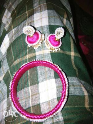 Pink, Beige, And Diamond Jhumka Earrings And Bangle