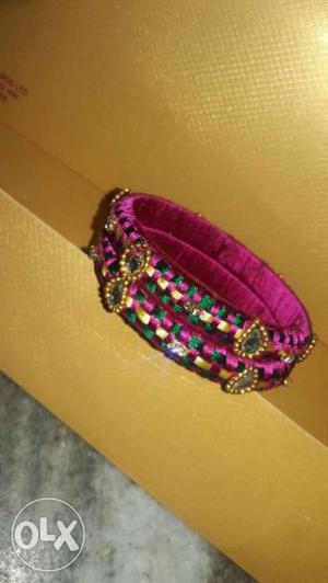 Pink, Green, And Brown Silk Thread Bangles