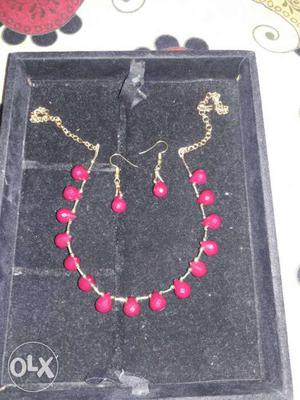 Red Beaded Necklace And Earring Set