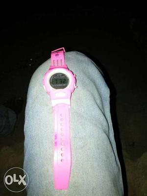 Round Black Digital Watch With Pink Strap