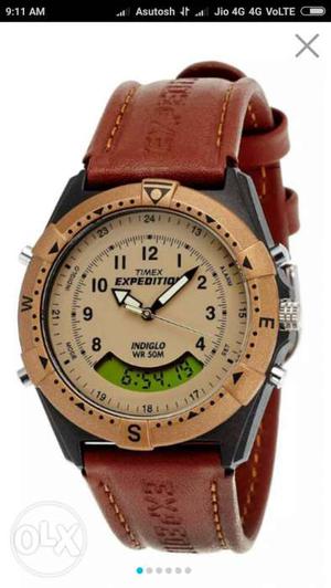 Round Brown Timer Expedition And Brown Leather Strap Watch