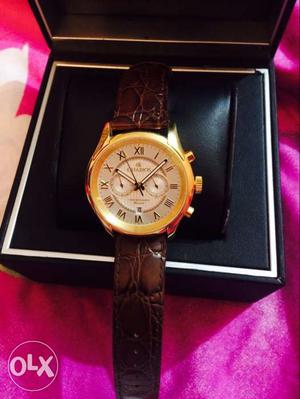 Round Chronograph Watch With Brown Leather Strap With Box