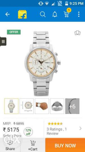 Round White Chronograph Watch With Silver Link Bracelet