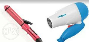 White And Blue Nova Hair Blower; Pink Hair Curler
