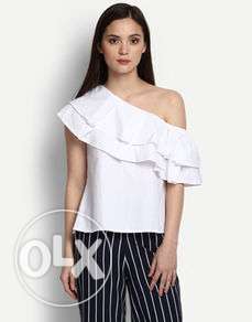Women's Black One Shoulder Top; Black And White Pinstripe