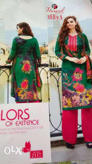 Women's Green And Red Floral Kameez