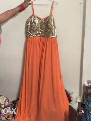 Women's Orange And Golden Spaghetti Strap Dress