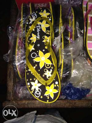 Yellow And Black Floral Flip Flops