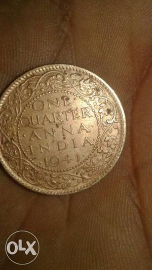 Round  Silver 1 Quarter Anna India Coin