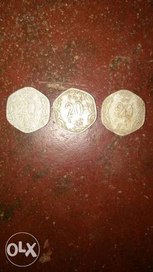 Three 20 Indian Paise Coins