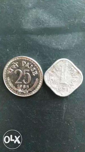 Two 25 And 1 Indian Paise Coins
