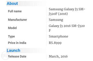 Samsung Galaxy J3 SM J320F. Used 4 Months. No