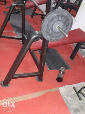 Black Metal Framed Red Leather Padded Incline Bench Press