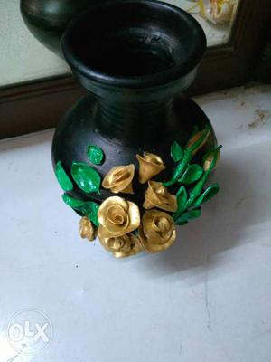 Black, Green And Brown Floral Ceramic Vase