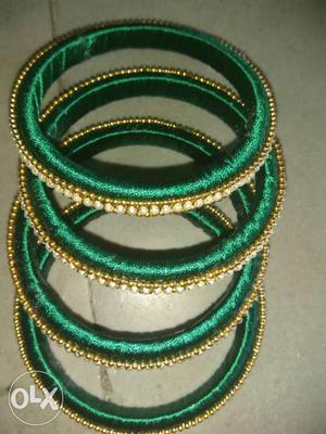 Green And Gold-colored Silk Thread Bangles