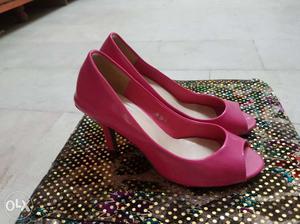 Pink Leather Open Toe Pumps