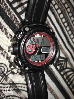 Round Black And Red Digital Watch With Black Leather Strap
