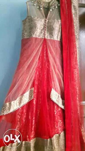 Beige And Red Illusion Neckline Traditional Dress