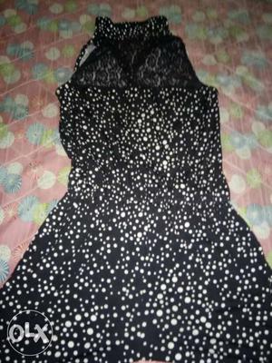 Black And White Polka Dot Sleeveless Illusion Neckline Dress