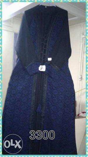 Blue And Black Floral Long-sleeved Dress