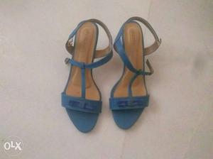 Blue-and-brown Open Toe Ankle Strap Heeled Shos