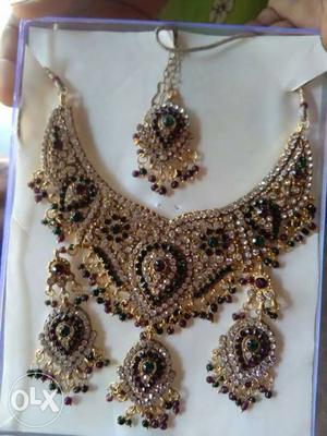 Gold Black And Purple Beaded Chandelier Necklace And Pendnat