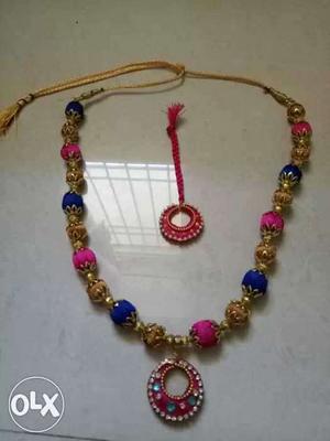 Gold, Blue And Pink Beaded Necklace With Round Embellished