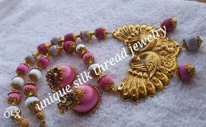 Gold, Gray, And Pink Jhumka Necklace And Earrings Set