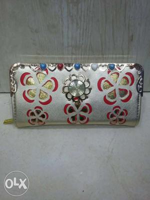 Gray And Red Floral Pouch