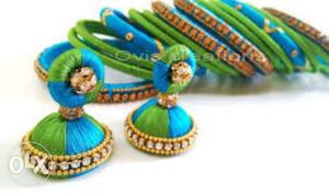 Green And Blue Jhumka Earrings And Silk Thread Bangles
