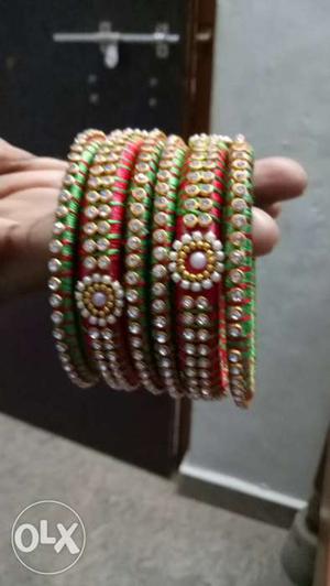Green And Red Crystal Clear Threaded Bangles