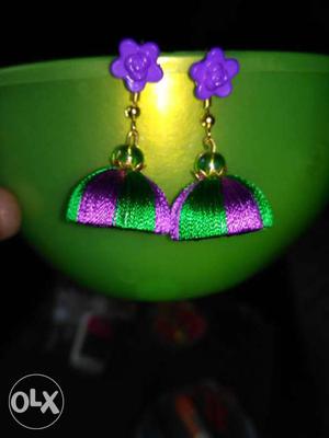 Green and purple silk thread jhumkas