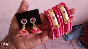 HandmadePair Of Purple-and-gold Silky Thread Bangles And