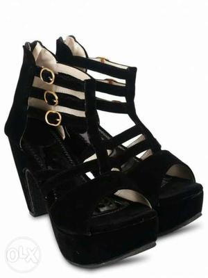 Pair Of Black Leather Platform Open Toe Strappy Heels