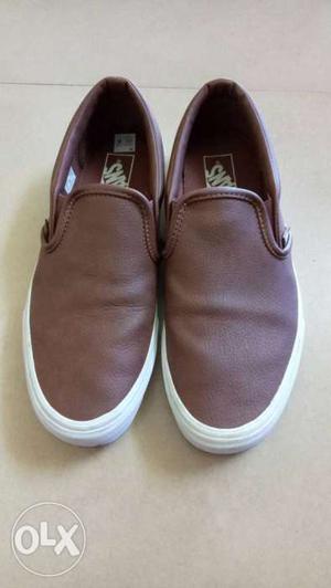 Pair Of Brown Leather-and-white Vans Slip On Shoes