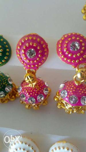 Pair Of Pink And Gold Jhumkas Earrings