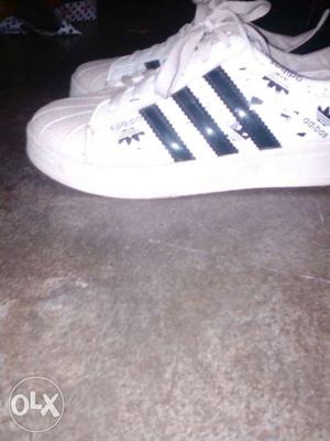 Pair Of White-and-black Adidas Low Top Sneakers